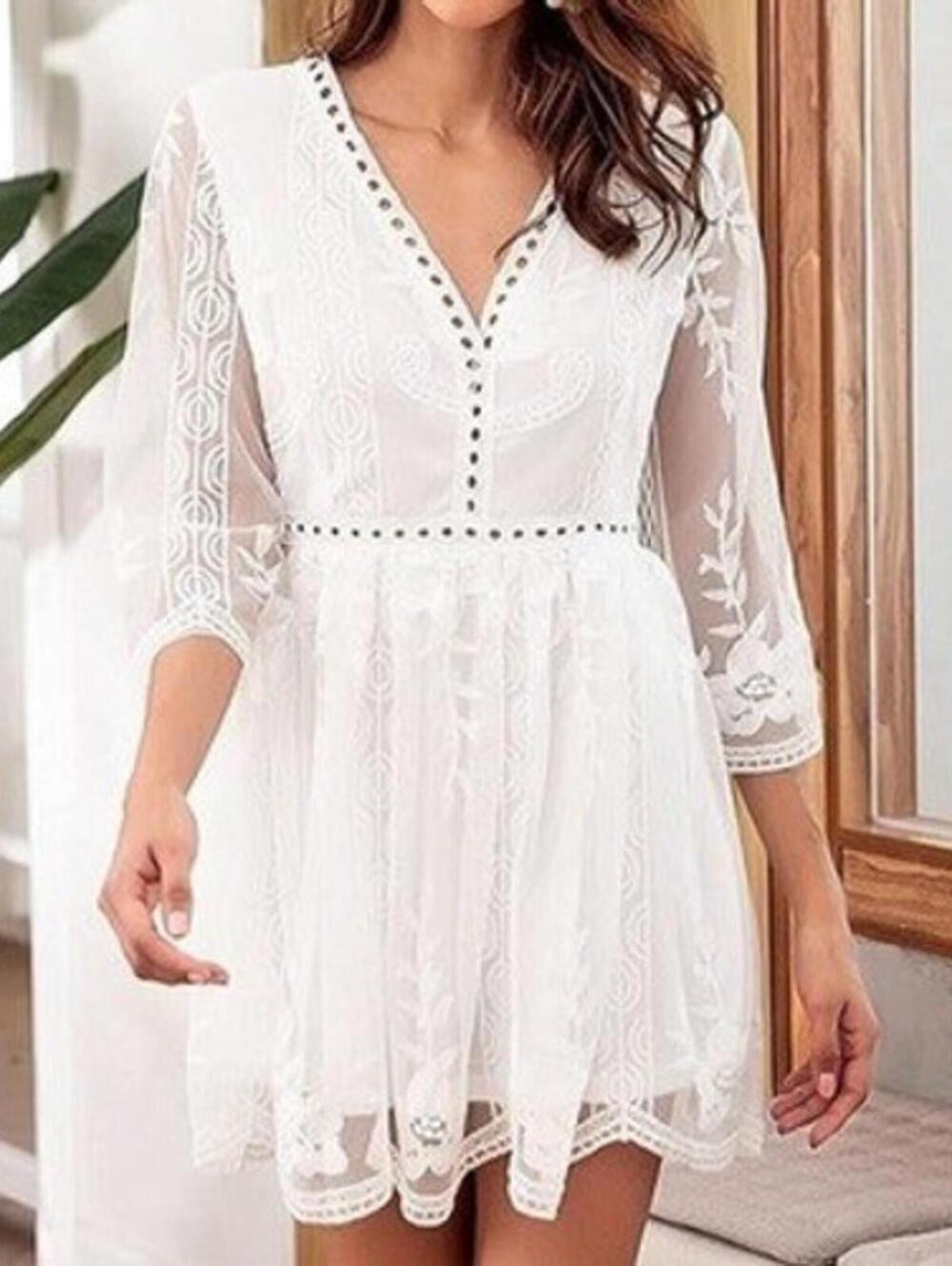 Ivory Allover Lace Sheer Back Medium 3/4 Sleeve Fit And Flare Mini Dress Bridal